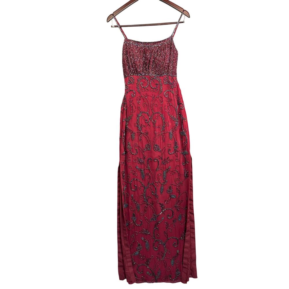 Tootsies Vintage 90s Burgundy Red Beaded Silk Maxi Formal Dress Women Small